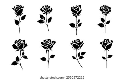 Ícone Rosa. Conjunto de silhuetas de rosas. 