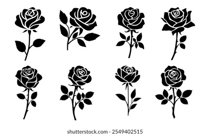  Rose icon set. Rose silhouette in white background 