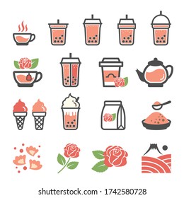 Rose icon set. Rose tea, pearl milk tea, Bubble Milk tea, rose water drink.