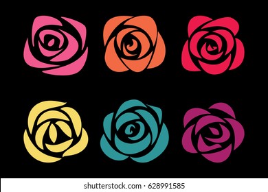 Rose icon vector illustration on black background. Set of rose flower design elements