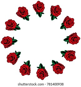 Rose icon. Vector illustration of a set red roses. Hand drawn red roses lined around for a greeting card. Roses lined circle. 
