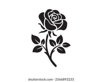 Rose icon vector on white background, rose symbol in black, rose natural flower, valentine's day 