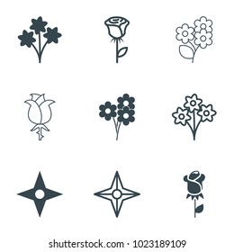 Rose icons. set of 9 editable filled and outline rose icons such as bouquet, compass