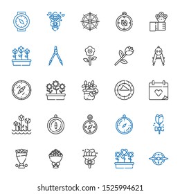 rose icons set. Collection of rose with compass, flowers, bouquet, tulips, wedding day, flower. Editable and scalable rose icons.