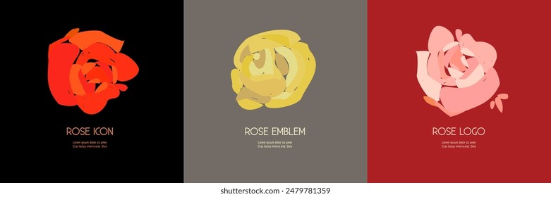 Rose icons set vector illustration. Single decorative flower, element for your design. Flower shop, beauty salon, organic cosmetics. Abstract flat style. 