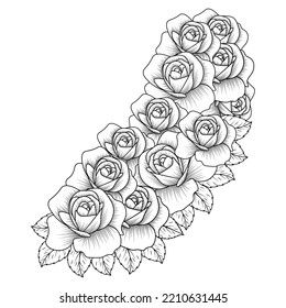 rose illustration of pencil line art with doodle style adult coloring book page with leaves easy sketch.
zen doodle pencil art of rose flower illustration of coloring book.

