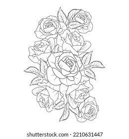 rose illustration of pencil line art with doodle style adult coloring book page with leaves easy sketch.
zen doodle pencil art of rose flower illustration of coloring book.

