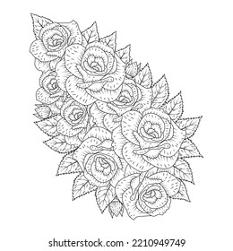 rose illustration of pencil line art with doodle style adult coloring book page with leaves easy sketch.
flowers of blooming roses petals and leaves easy sketch.
