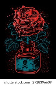 Rosa dentro de una botella de tinta detallada ilustración Vector. Obra de arte para la camiseta, sudadera con capucha, ropa, cartel, diseños, impresiones. Concepto de rock, música, skate, tatuaje, poesía, amor, musa, creatividad.