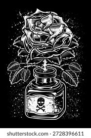 Rosa dentro de una botella de tinta detallada ilustración Vector. Ilustraciones en blanco y negro para camiseta, ropa, póster, diseños, estampados. Concepto de rock, música, skate, tatuaje, poesía, amor, musa, creatividad.