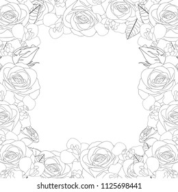 Rose and Iris Flower Outline Frame Border. isolated on White Background. Vector Illustration.