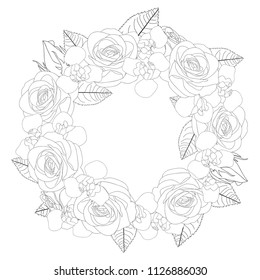 Rose and Iris Flower Wreath Outline. isolated on White Background. Vector Illustration.
