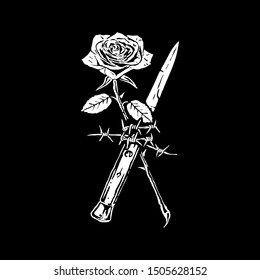 A Rose And A Knife Wrapped In Barbed Wire. Vector.