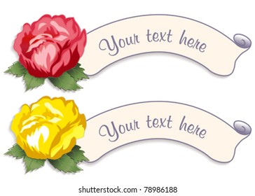 Rose Labels, Vintage-Rosa und goldener Frühling frischen Gartenblumen, zwei viktorianische Etiketten mit Kopienraum, um mit Ihrem Text personalisieren. EPS8-kompatibel.