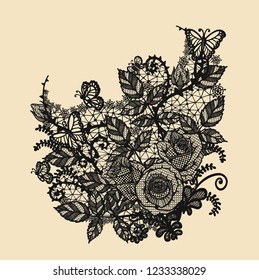 Rose lace ornament vector by hand drawing.Beautiful flower on brown background.Rose with butterfly lace vector art highly detailed in line art style.Flower tattoo for paint or pattern.