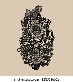 Rose lace ornament vector by hand drawing.Beautiful flower on brown background.Rose with butterfly lace vector art highly detailed in line art style.Flower tattoo for paint or pattern.