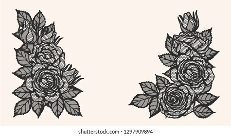 Rose lace ornament vector by hand drawing.Beautiful flower on brown background.Blaze rose vector art highly detailed in line art style.Flower tattoo for paint or pattern.