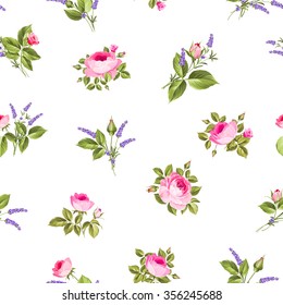 Rose and Lavender. Blossom provence flowers. Classical luxury old fashioned ornament, royal seamless texture for wallpapers, textile, wrapping. Vector illustration.