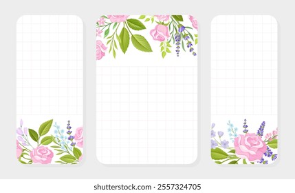 Rose Lavender Flower Bouquet Empty Card Design with Tender Flora Vector Template
