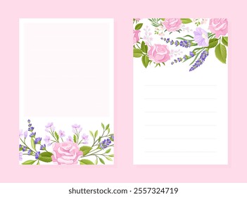 Rose Lavender Flower Bouquet Empty Card Design with Tender Flora Vector Template