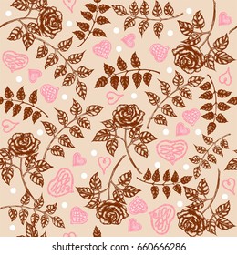 Rose leaf foliage stem heart Polka-dot vintage random seamless pattern hand drawn vector