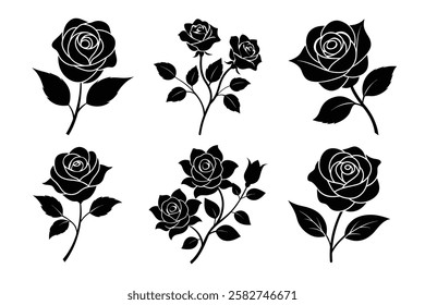 Rose With Leaf Silhouette Template Icon Design