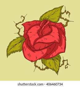 Rose with leaves and branches painted on a white background. Tattoo stencil. Vector illustration