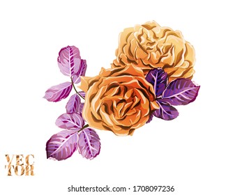Rose and Leaves Elements. Botanic Rose Flower Swimwear Print. Hand Drawn Isolated Design. Summer Peonies Leaves and Buds Sleepwear Texture.  Rust Orange Girly Hawaiian Peony Background. 
