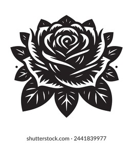 Rosa con hojas. Silueta floral. Ilustración vectorial.