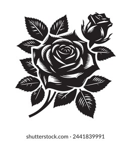 Rose with leaves. Flower silhouette. Vector illustration.