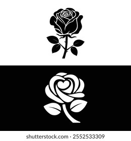 Rosa com folhas. Silhueta de flor. Ilustração vetorial. Isolado no fundo branco.