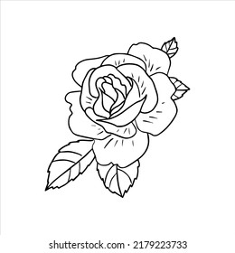 Rose and leaves in hand drawn doodle style. Floral sketch isolated on white background.