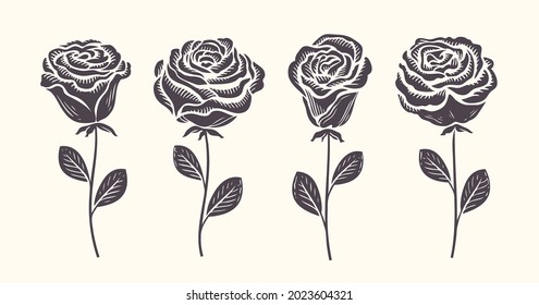 Rose with leaves icon. Set of decorative flower silhouettes