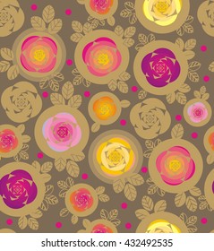 Rose and leaves inside circles in pink, yellow, purple, and beige a seamless pattern on a beige gray background. 