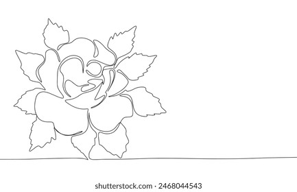 Rose with leaves one line continuous. Line art rose. Hand drawn vector art.