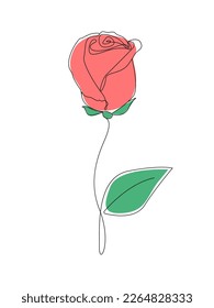 Rose with leaves one line drawing.Continuous line drawing of flower.Hand drawn rose.Single one line flower rose.