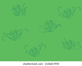 Rose with leaves and plant tracery contour green colour seamless background vector illustration