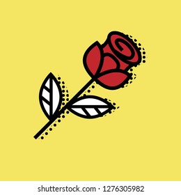 Rose with leaves. Pop art stylized flat vector icon for Valentine's day.