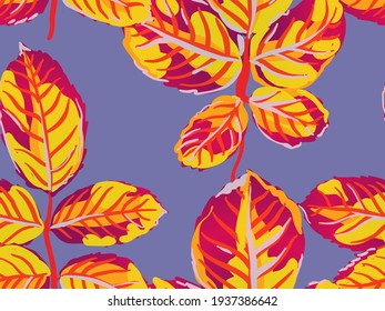 Rose Leaves Seamless Pattern. Saffron Yellow and Red Summer Textile Design. Repeated Spring Peony Wallpaper. Romantic Botanical Vector Background. Painted English Rose Leaf Patterns Collection.