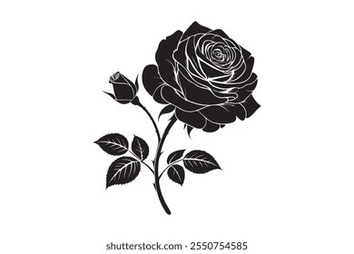 Rose and leaves silhouette Vector on white background