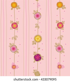 Rose and leaves with vertical liners in pink, yellow, purple, and beige a seamless pattern on a pink background.