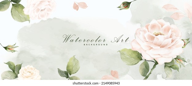 Rose And Leaves Watercolor Abstract Art Background.  Vector Banner Collection Art Design Of Flowers Watercolor. Suitable For Wedding Decoration, Greeting Card, Cover, Header, Or Wall Decoration.