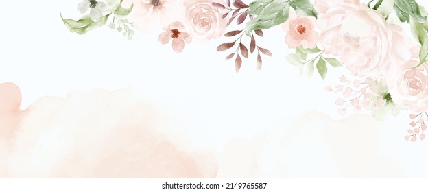 Rose And Leaves Watercolor Abstract Art Background.  Vector Banner Collection Art Design Of Flowers Watercolor. Suitable For Wedding Decoration, Greeting Card, Cover, Header, Or Wall Decoration.