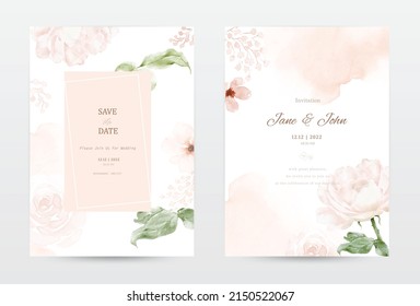 Rosa y deja las tarjetas de plantilla de invitación de acuarela establecidas. Colección acuarela vector botánico adecuado para Invitación de Boda, guardar la fecha, gracias o tarjeta de saludo.