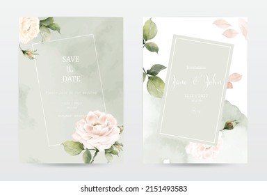 Rose and leaves watercolor invitation template cards set. Collection watercolor botanical vector suitable for Wedding Invitation, save the date, thank you, or greeting card.