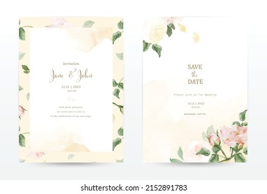 Rose and leaves watercolor invitation template cards set. Collection watercolor botanical vector suitable for Wedding Invitation, save the date, thank you, or greeting card.