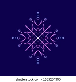 Rose lilac neon luminous snowflake isolated on black background. Flat snow icon silhouette. New year theme.Vector illustration