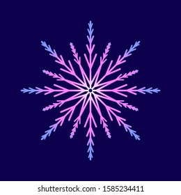 Rose lilac neon luminous snowflake isolated on black background. Flat snow icon silhouette. New year theme.Vector illustration