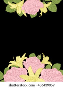 Rose and lily bouquet. Detailed vector drawing. Spring summer event design element. Pink yellow flowers on black background.