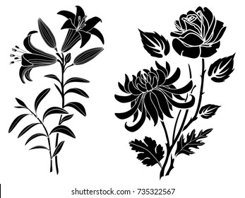 Rose and lily and chrysanthemum tattoo. Silhouette of flowers and leaves on a white background.